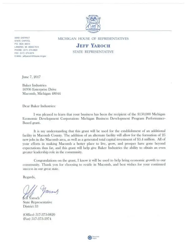 Letter from State Representative Jeff Yaroch to Baker Industries congratulating the company on its recent grant award