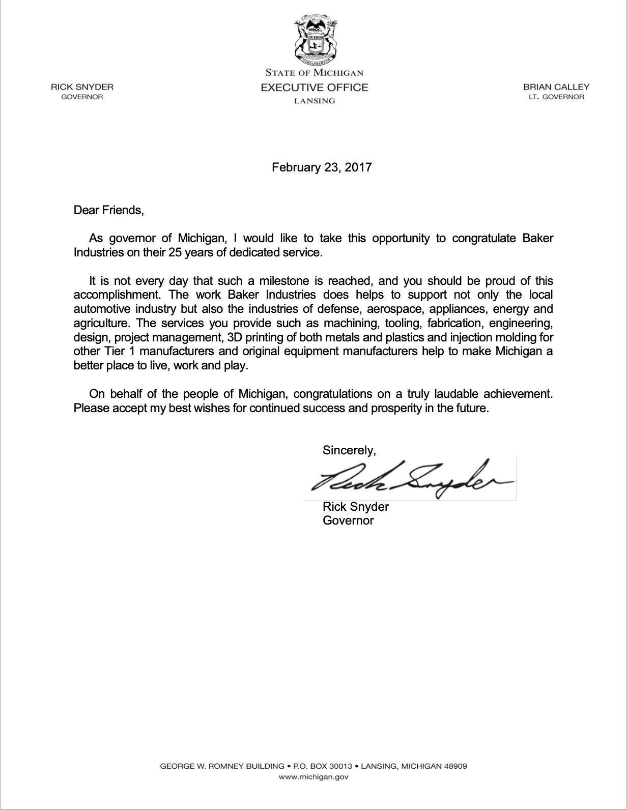 Letter from Michigan Governor Rick Snyder to Baker Industries congratulating them on 25 years of business